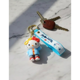 3D PVC Figure Keychain - Hello Kitty - Kitty Blue Jacket Glasses Waving