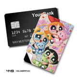Credit Card Skin Sticker - Powerpuff Girls - Embroidered Style Girls Hugging Teddy Bears - Holographic