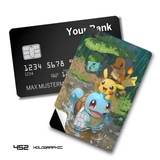 Credit Card Skin Sticker - Pokémon - Squirtle Pikachu Charmander And Bulbasaur In The Rain - Holographic