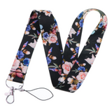 Lanyard - Floral Pattern (Pink and Blue Flowers on Black Background)