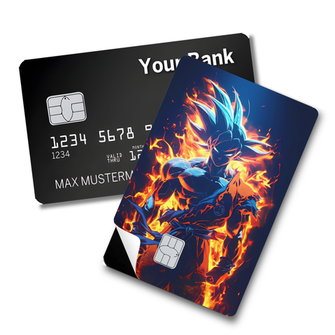Credit Card Skin Sticker - Dragon Ball - Super Saiyan Blue Goku Surrounded by Flames in Action Pose