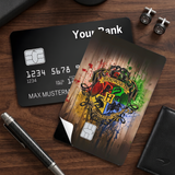 Credit Card Skin Sticker - Harry Potter - Hogwarts Crest On Wooden Background With Paint Splatter