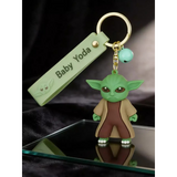 3D PVC Figure Keychain - Star Wars - Grogu In Brown Robes, Green Strap