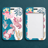 ID Card Badge Holder - Axolotls - Three Pink Axolotls Swimming Teal Ocean With Coral Seaweed