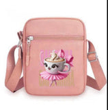Crossbody Bag - Cute Cat in Cappuccino Cup Wearing Pink Tutu Bow