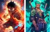 3D Lenticular Poster 12x16 - One Piece - Luffy Fire and Zoro Teal Action Two Panel