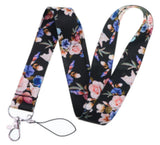 Lanyard - Floral Pattern (Pink and Blue Flowers on Black Background)