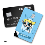 The Powerpuff Girls Bubbles Posing on Blue Background card skin sticker