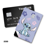 Lilo & Stitch Cute Stitch sitting on purple background card skin sticker