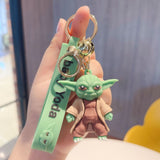 3D PVC Figure Keychain - Star Wars - Grogu In Brown Robes, Green Strap