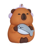 3D PVC Figure Keychain - Capybara - With Headphones Holding Fish