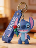 3D PVC Figure Keychain - Lilo & Stitch - Stitch Holding Rose Pink Jacket