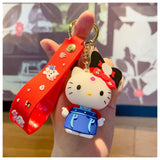 3D PVC Figure Keychain - Hello Kitty - Red Shirt Blue Overalls