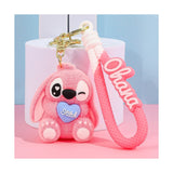 3D PVC Figure Keychain - Lilo & Stitch - Angel Pink Fluffy Winking With Blue Heart