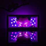 Hunter x Hunter Hisoka Morow holding playing cards anime light box — dark room atmospheric