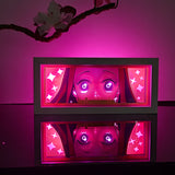 Demon Slayer Nezuko Kamado peeking with bamboo gag anime light box — dark room atmospheric