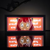 Spy x Family Anya Forger peeking with Waku Waku anime light box — dark room atmospheric
