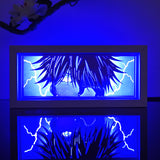 Jujutsu Kaisen Satoru Gojo spiky hair close-up anime light box — dark room atmospheric