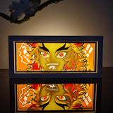 Demon Slayer Kyojuro Rengoku Umai eating scene anime light box — dark room atmospheric