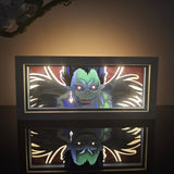 Death Note Shinigami Ryuk close-up portrait anime light box — dark room atmospheric