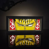 Berserk Guts intense eyes close-up anime light box — dark room atmospheric