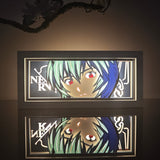 Neon Genesis Evangelion Rei Ayanami face close-up portrait anime light box — dark room atmospheric