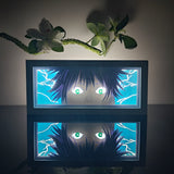 Jujutsu Kaisen Gojo Satoru close up eyes anime light box — dark room atmospheric