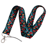Lanyard - Floral Pattern (Red and Teal Flowers on Black)