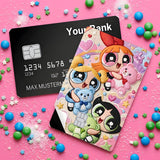 Credit Card Skin Sticker - Powerpuff Girls - Embroidered Style Girls Hugging Teddy Bears - Holographic