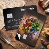 Credit Card Skin Sticker - Harry Potter - Hogwarts Crest On Wooden Background With Paint Splatter