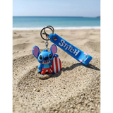 3D PVC Figure Keychain - Lilo & Stitch - Stitch Holding Striped Surfboard