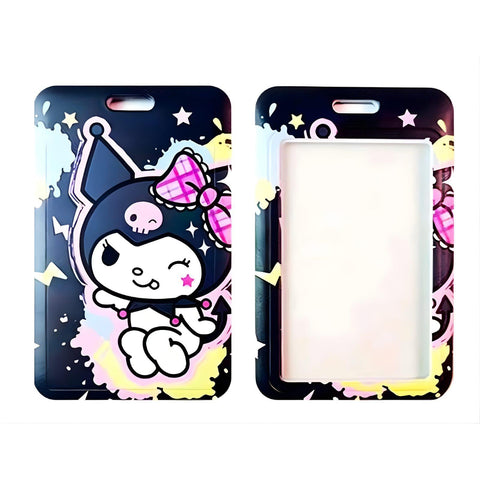 ID Card Badge Holder - Sanrio - Kuromi with Pink Bow & Colorful Splash Background