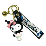 3D PVC Figure Keychain - Sanrio - Kuromi With Pink Bow And Good Luck Strap
