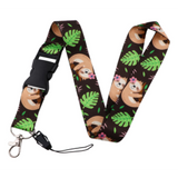 Lanyard - Sloths with Pink Flowers and Green Leaves on a Black Background