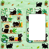 ID Card Badge Holder - Black Cats and Plants Green Brick Shelves