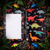 ID Card Badge Holder - Colorful Dinosaurs with Plants Dark Background