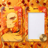 ID Card Badge Holder - Demon Slayer - Kyojuro Rengoku Smiling, Fiery Hair, Golden Background