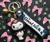3D PVC Figure Keychain - Sanrio - Kuromi With Pink Bow And Good Luck Strap