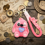 3D PVC Figure Keychain - Lilo & Stitch - Angel Pink Fluffy Winking With Blue Heart