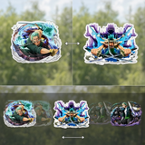 3D Lenticular Sticker - One Piece - Zoro Triple Panel Swords Drawn Blue Lightning Purple Castle Dark Battle