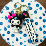 3D PVC Figure Keychain - Sanrio - Kuromi With Pink Bow And Blue Skull Good Luck Strap
