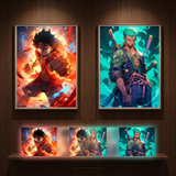 3D Lenticular Poster 12x16 - One Piece - Luffy Fire and Zoro Teal Action Two Panel