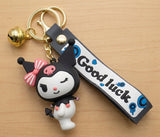 3D PVC Figure Keychain - Sanrio - Kuromi With Pink Bow And Good Luck Strap