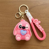 3D PVC Figure Keychain - Lilo & Stitch - Angel Pink Fluffy Winking With Blue Heart